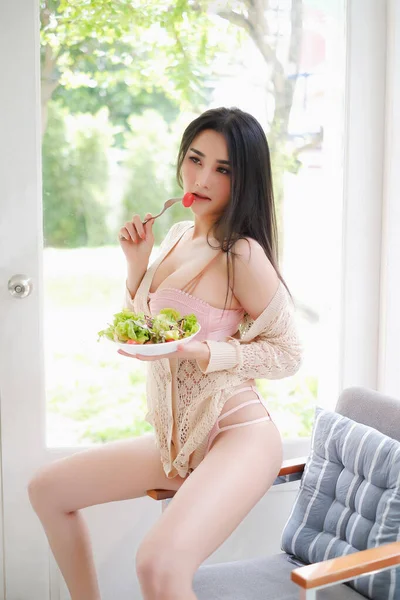 Portrait Sexy Asian Woman Wear Lingerie Underwear Salad Holding Hand — Stock Photo, Image