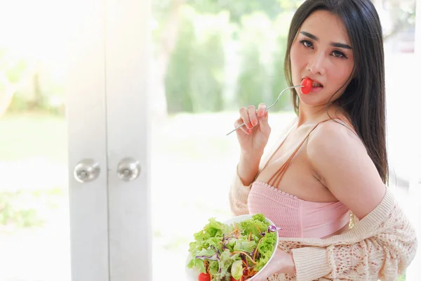 Portrait Sexy Asian Woman Wear Lingerie Underwear Salad Holding Hand — Stock Photo, Image