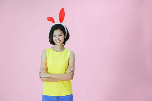 Porträtt Vacker Ung Asiatisk Flicka Med Målade Ägg Glad Påsk — Stockfoto