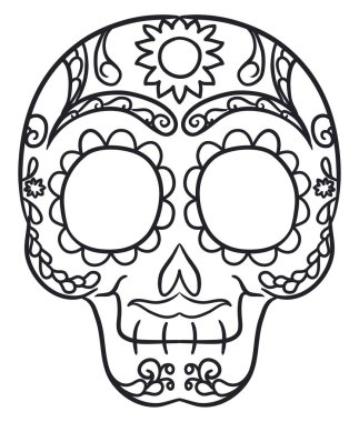 Ölüler Günü için geleneksel desenlerle süslenmiş Meksika kafatasının ön görünümünü renklendirmek için tasarlandı: çiçekler, taç yaprakları, yapraklar, sarmaşıklar ve bıyıklar..