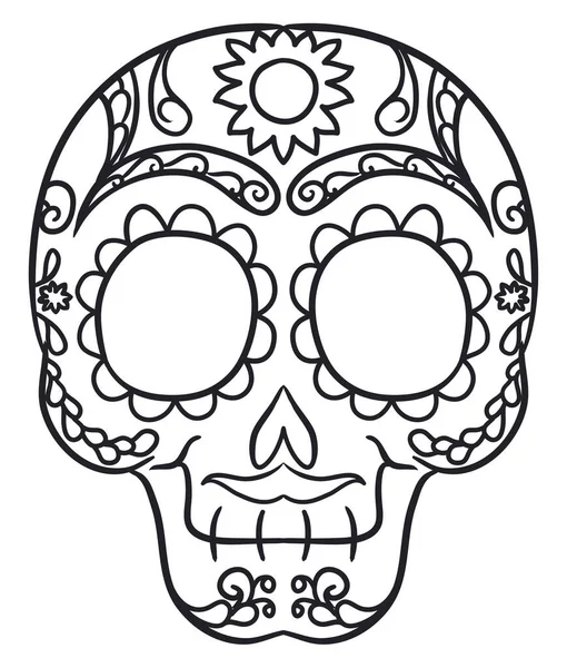 Diseño Para Colorear Vista Frontal Del Cráneo Mexicano Decorado Con — Vector de stock