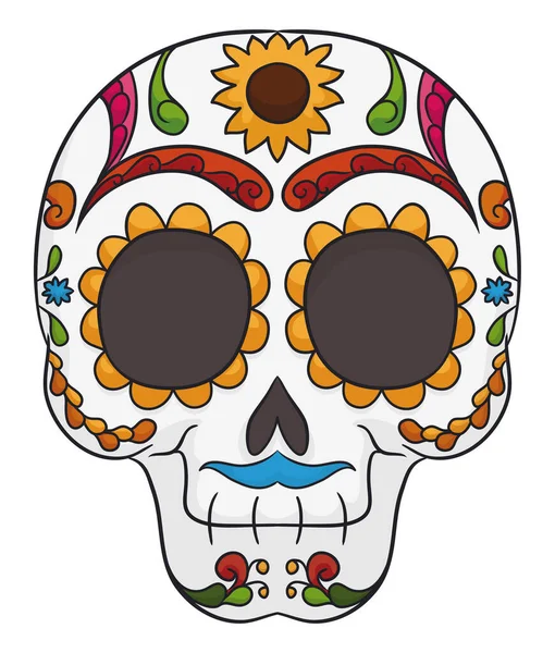 Traditional Mexican Skull Fully Decorated Vibrant Colors Flowers Petals Mustache — Stock Vector
