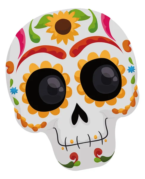 Crâne Mexicain Souriant Décoré Motif Traditionnel Fleurs Pétales Feuilles Yeux — Image vectorielle