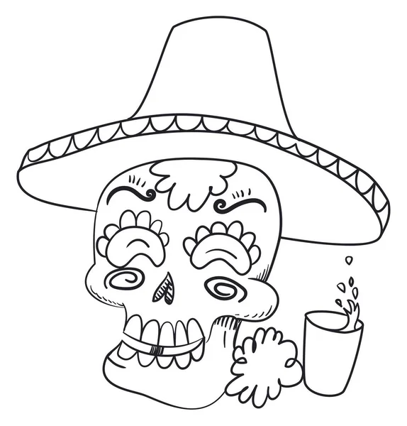 Uroczysty Uśmiech Czaszki Ozdobiony Tradycyjnym Wzorem Tradycyjnym Meksykańskim Charro Kapeluszu — Wektor stockowy