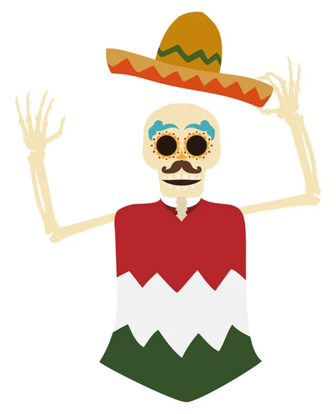 Śmieszny Szkielet Salutujący Ciebie Ubrany Meksykański Charro Kapelusz Ponczo Tradycyjne — Wektor stockowy