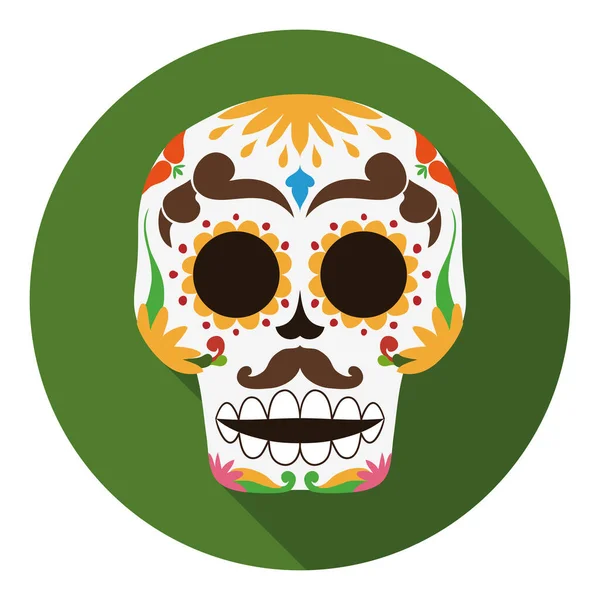 死者の日のための伝統的なメキシコのパターンで飾られた笑顔の頭蓋骨の丸ボタン フラットスタイルと長い影のデザイン — ストックベクタ