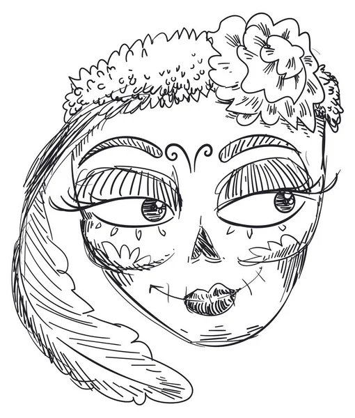 美丽的手绘图案精美的卡特丽娜 一个女性骷髅 装饰着万寿菊花 羽毛和传统的墨西哥图案在它的脸上为亡灵节庆祝 — 图库矢量图片