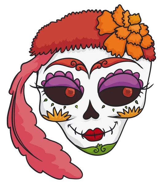 羽とマリーゴールドの花と空想のバンダナを身に着けている美しいカトリーナの頭蓋骨 死者のメキシコの日を祝う準備ができて — ストックベクタ