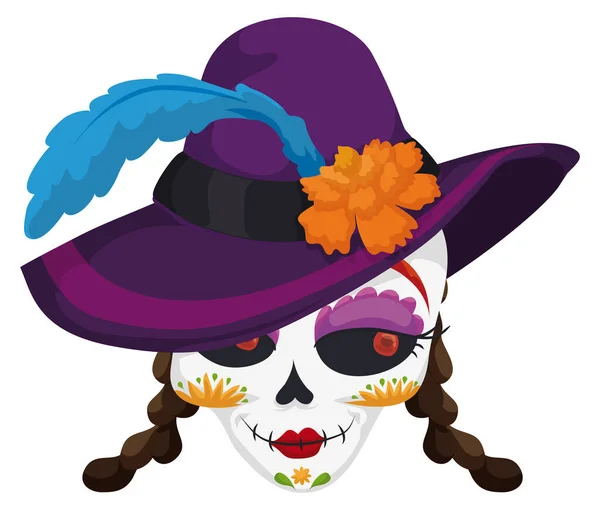 Crânio Feminino Elegante Como Personagem Catrina Decorado Com Padrões Tradicionais —  Vetores de Stock