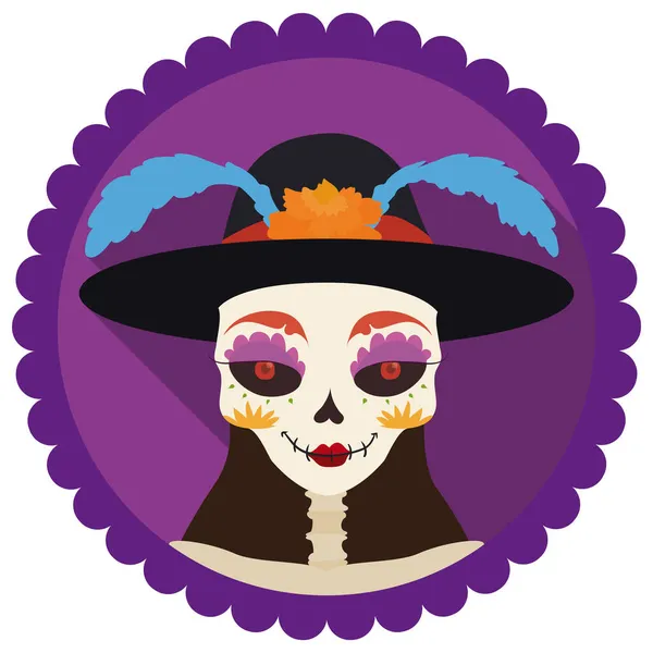 Retrato Con Elegante Catrina Luciendo Sombrero Lujo Cara Decorada Con — Vector de stock