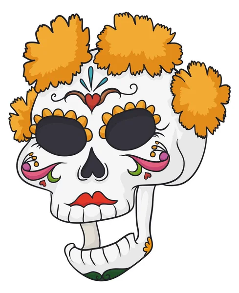 Happy Female Skull Marigold Flowers Its Head Decorated Traditional Mexican — Stock Vector