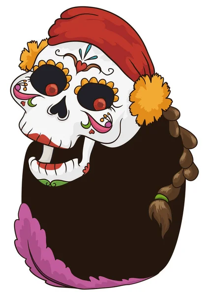 頭にバンダナとマリーゴールドの花とハッピーカトリーナ文字 編組髪とその顔に伝統的なメキシコの装飾 — ストックベクタ