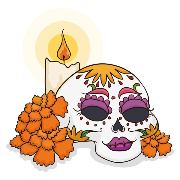 死者の日のための伝統的なメキシコの提供 女性の砂糖の頭蓋骨 マリーゴールドの花とキャンドル — ストックベクタ