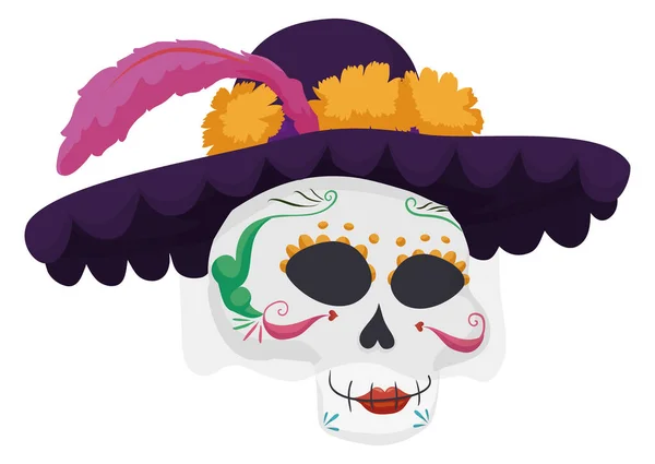 エレガントなカトリーナ頭蓋骨 帽子とベールを身に着けています マリーゴールドの花と紫色の羽で飾られました 死者のメキシコの日のために — ストックベクタ