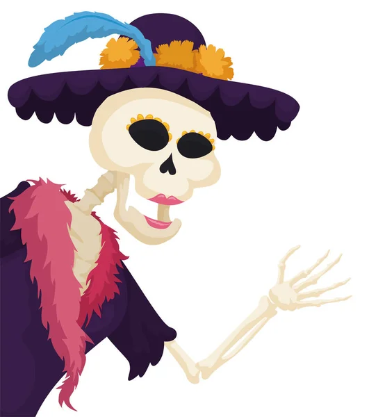 Elegantes Weibliches Skelett Das Einen Angrüsst Und Einen Ausgefallenen Hut — Stockvektor