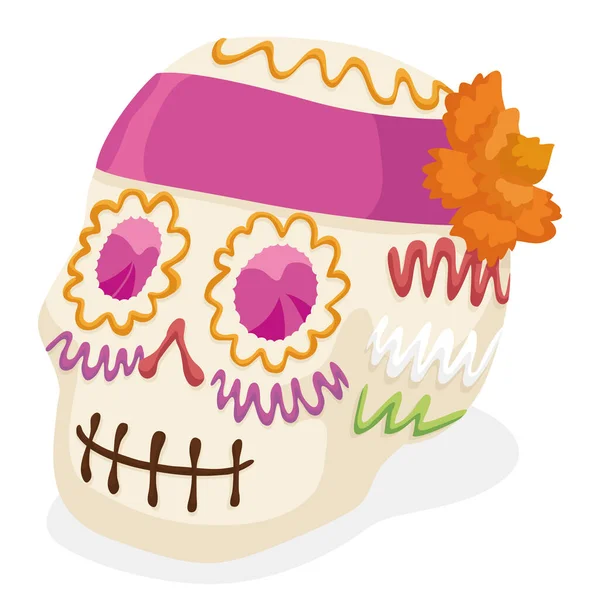 Crâne Sucre Avec Étiquette Rose Comme Bandana Fleur Souci Décoré — Image vectorielle