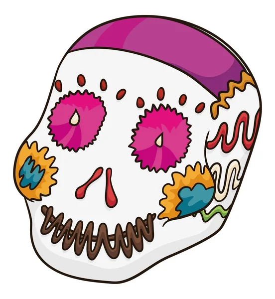 Leckere Zuckerschädel Mit Köstlicher Dekoration Zum Mexikanischen Tag Der Toten — Stockvektor