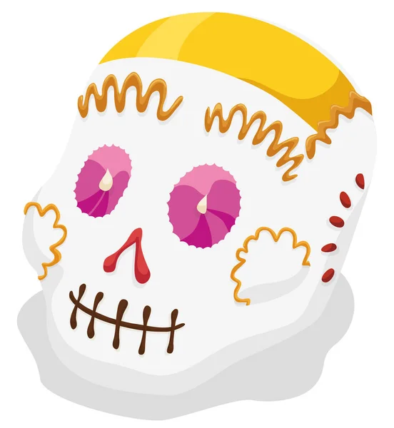 Crâne Sucre Mexicain Traditionnel Décoré Délicieuses Décorations Fuchsia Couleurs Jaunes — Image vectorielle