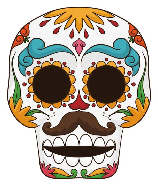 Colorful Male Skull Moustache Decorated Traditional Mexican Pattern Marigold Flowers — Stock Vector