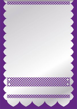 Beyaz ve dikey 'papel picado' şablonu - ya da delinmiş kağıt - Meksika Ölüler Günü kutlaması için mor arka plan.