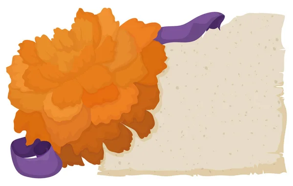 Kadim Parşömen Şablonu Kadife Çiçeği Veya Cempasuchil Çiçeği Mor Kurdele — Stok Vektör