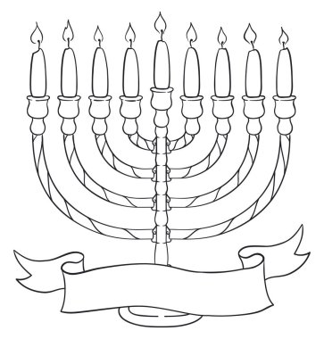 Hanuka 'yı kutlamak için içi boş bir kurdeleyle süslenmiş tüm mumlarla renksiz Chanukiah..