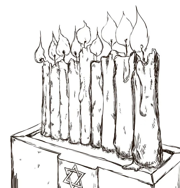Ручний Малюнок Дев Яти Освітлених Свічок Єдесталі Зірковим Символом Давида — стоковий вектор