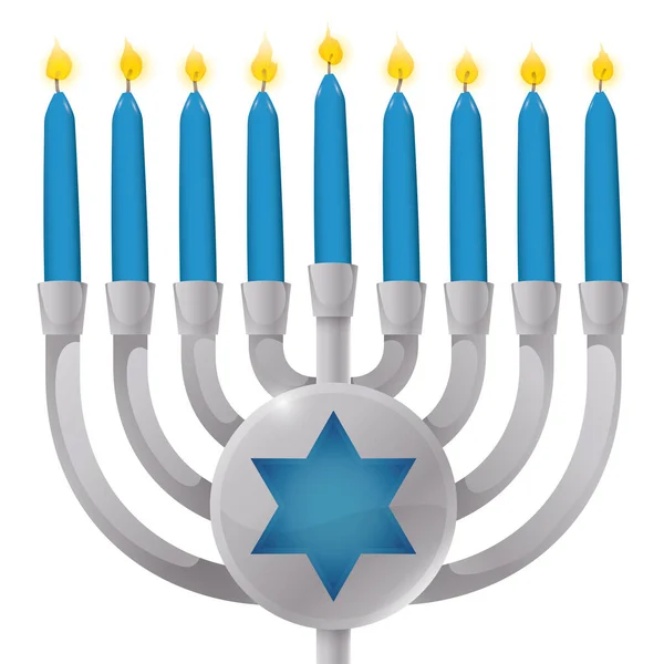 Isolated Silver Hanukkiah Blue Lighted Candles Button Star David White — Stock Vector