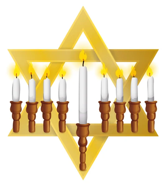 Golden David Star Forming Hanukkiah Nine Lighted Candles Hanukkah — Stock Vector