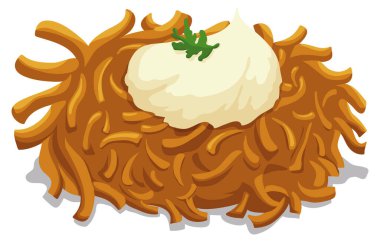 Geleneksel Yahudi Latke-patates tarifinin enfes manzarası ekşi krema ve kişniş yaprağıyla servis ediliyor, lezzetli bir Hanukkah kutlaması için hazır..
