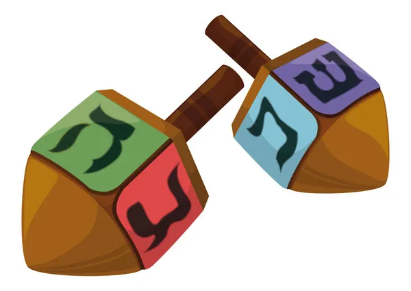 Twee Dreidels Een Vierzijdig Draaiend Topje Met Traditionele Hebreeuwse Letters — Stockvector
