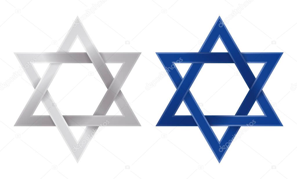 Two Stars of David in silver and blue colors, isolated over white background.