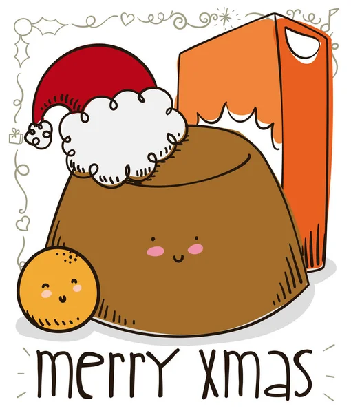 サンタの帽子 箱とフリッター 笑顔と陽気なクリスマスの休日を祝うかわいいキャラメルカスタード — ストックベクタ