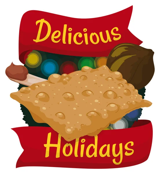 传统的哥伦比亚菜式 用彩带签名 祝你圣诞快乐 美味的油炸油酥糕点 无花果和搅拌器 放在圣诞灯台上 — 图库矢量图片