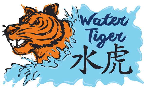 Design Mit Wildem Tiger Der Aus Einem Spritzer Herauskommt Texte — Stockvektor