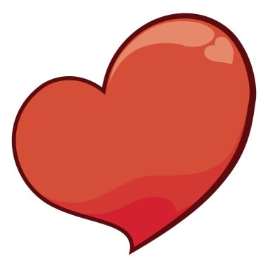 Parlak efektli izole kırmızı kalp, çizgi film stili ve beyaz arkaplan üzerine ana hatlarıyla.