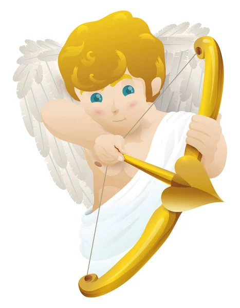 白いチュニックを身に着けている翼 黄金の弓とハート形の矢印とブロンドキューピッドまたはケルブ — ストックベクタ