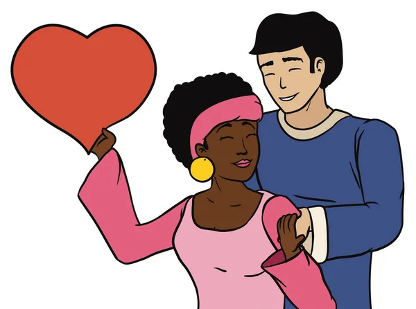 Lächelndes Multiethnisches Paar Das Seine Liebe Ausdrückt Mit Einer Herzförmigen — Stockvektor