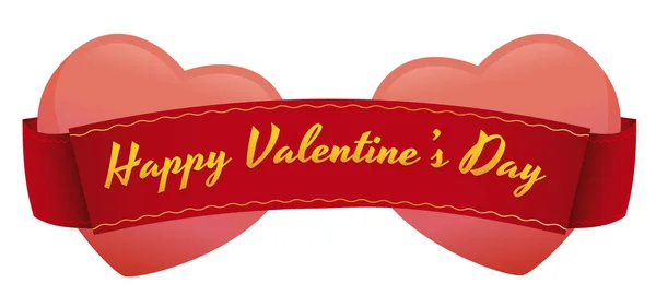 Пара Рожевих Сердець Переплетених Червоною Стрічкою Вітаннями День Святого Валентина — стоковий вектор