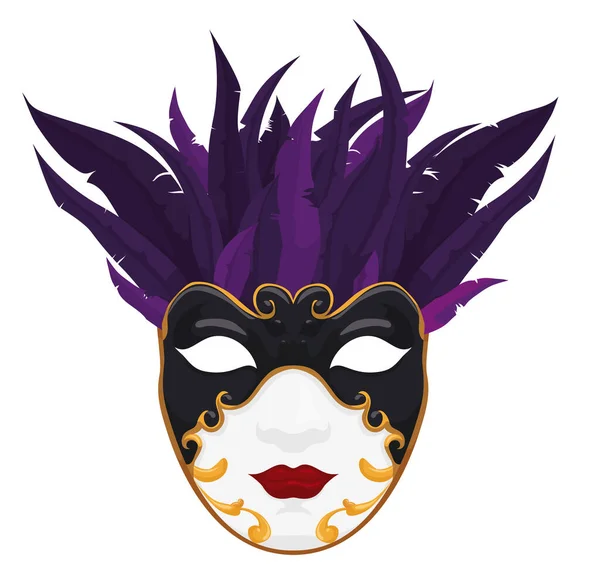 Extravagantní Voltová Maska Černými Zlatými Ozdobami Opeřeným Chocholem Vrcholu Pro — Stockový vektor