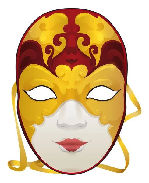 Žena Volto Maska Zdobená Zlatým Červeným Designem Žlutým Lanem Oslavu — Stockový vektor