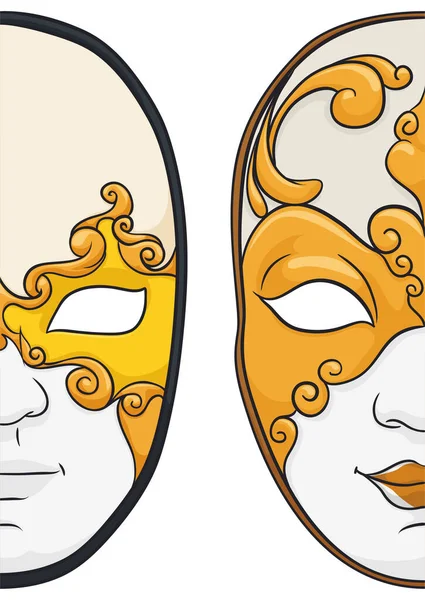 Erkek Dişi Altın Madalyalı Güzel Volto Maskeleri Beyaz Arkaplan Üzerinde — Stok Vektör