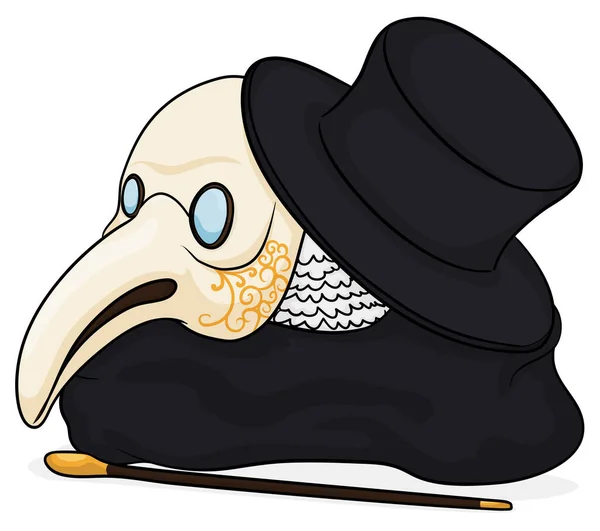伝統的なベネチアン プラハ医師の服装 くちばしと目のメガネ 黒のトップ帽子とレースとケープ付きのマスク — ストックベクタ