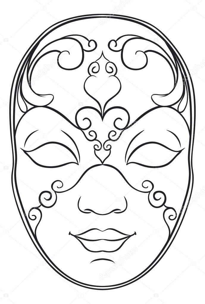Frontal view of fancy and traditional Italian mask for women in Volto style. Design in outline to coloring activities.