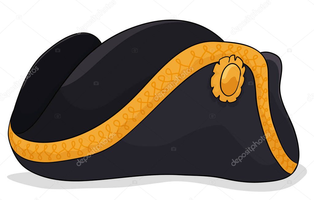 Black tricorne decorated with golden laces and button. Design in cartoon style with outlines, isolated over white background.