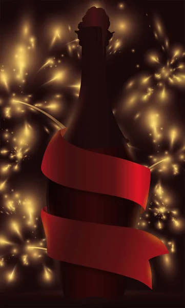 Vue Fantastique Avec Une Silhouette Bouteille Champagne Décorée Ruban Rouge — Image vectorielle