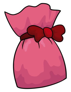 Kırmızı bir papyonla süslenmiş pembe çantanın görüntüsü. Çizgi film tarzı ve ana hatlarıyla tasarla, beyaz arkaplan üzerinde izole edilmiş.