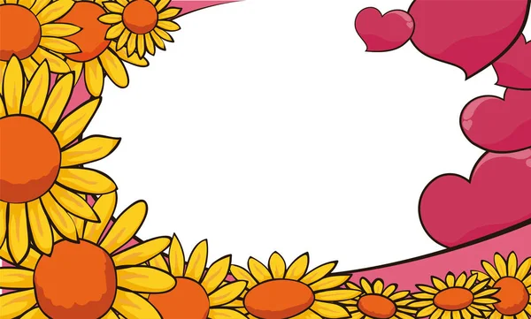Template Beautiful Floral Frame Decorated Sunflowers Different Sized Hearts — 스톡 벡터