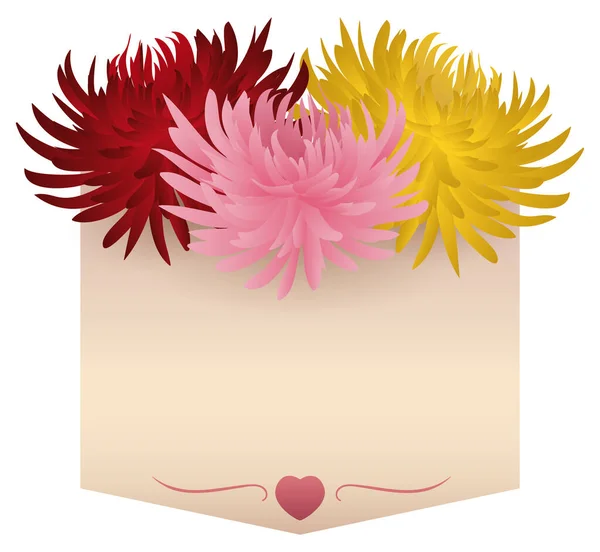 Pennant Template Scroll Texture Tiny Pink Heart Decoration Beautiful Chrysanths — Vettoriale Stock
