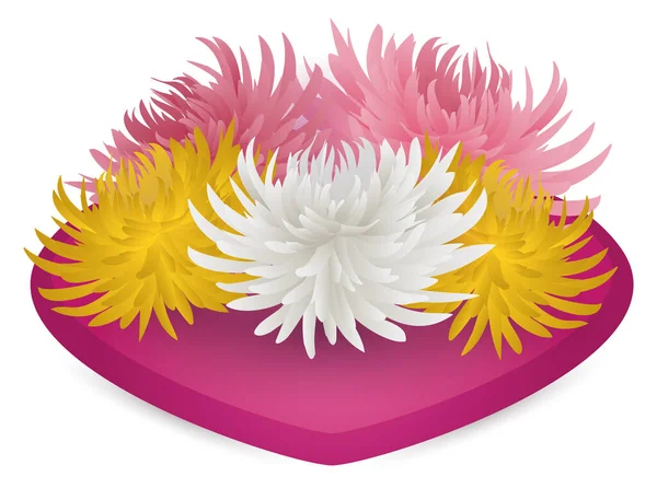 View Colorful Chrysanthemums Resting Decorative Pink Heart Shaped Ornament White — Vettoriale Stock